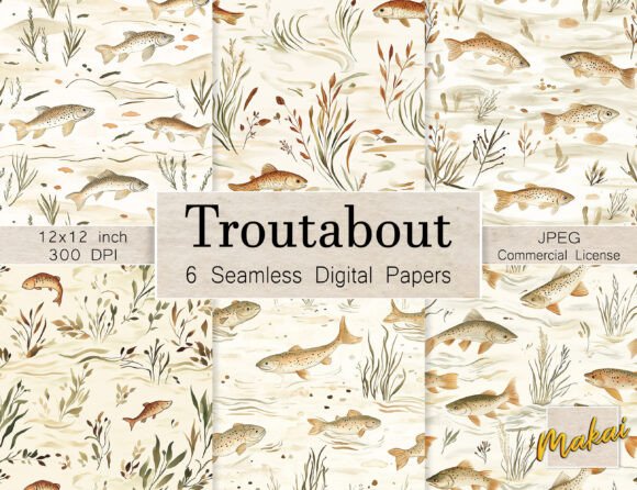 6 Seamless Beige Watercolor River Fish: Nature-Inspired Design for Creative Projects