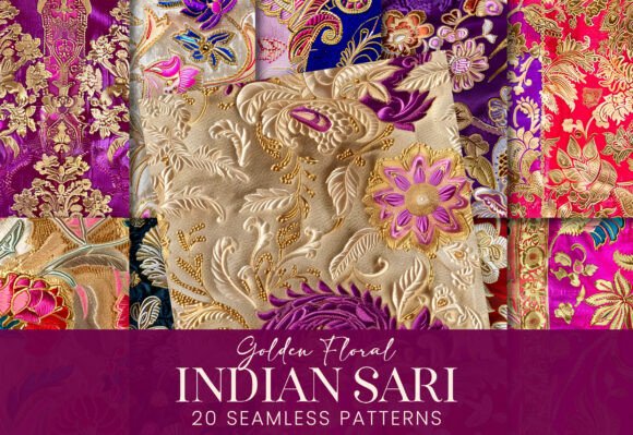 Floral Gold Indian Sari Satin Fabric Set: A Timeless Design for Modern Creativity