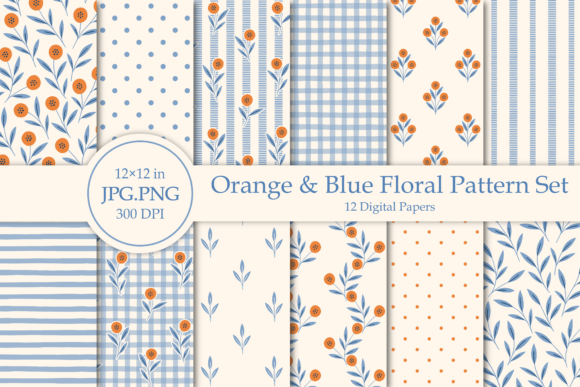Orange Blue Floral Pattern Set for Creative Projects