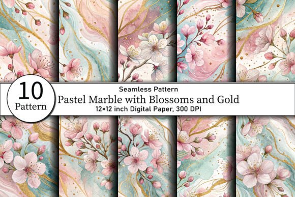 Pastel Marble with Blossoms and Gold: A Versatile Design Asset for Elegance