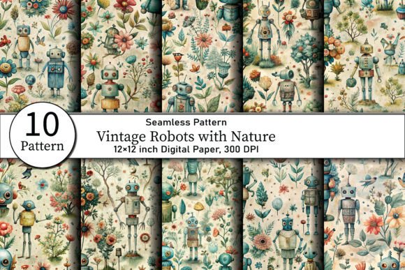 Vintage Robots with Nature: A Whimsical Blend of Retro and Botanical