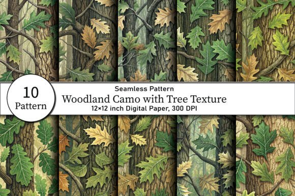 Woodland Camo with Tree Texture: A Rugged Design Element for Creative Projects